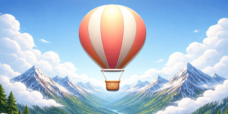 A hot air balloon flying in a valley